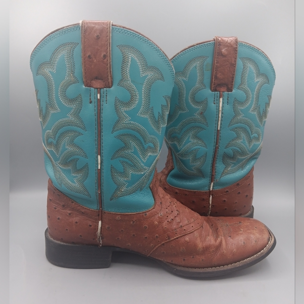 Justin 5527 Ostrich Quill Women's 4 D Boots Exotic Cowboy Western Teal Brown - Picture 7 of 12